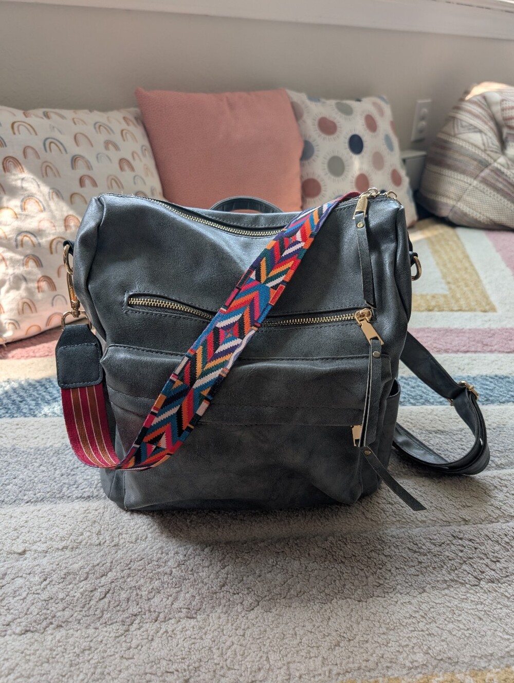 Modern+Chic Brielle Backpack Purse Convertible Bag Vegan Grey Removable Strap